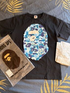 Bape Kids Black Tee with Blue Camo Ape Head